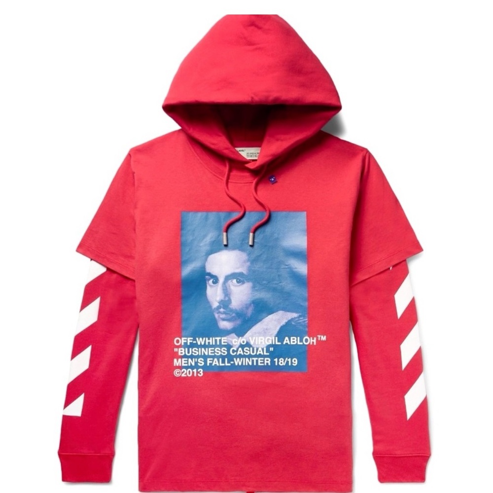Off-White Red Hooded Sweatshirt with Blue Graphic
